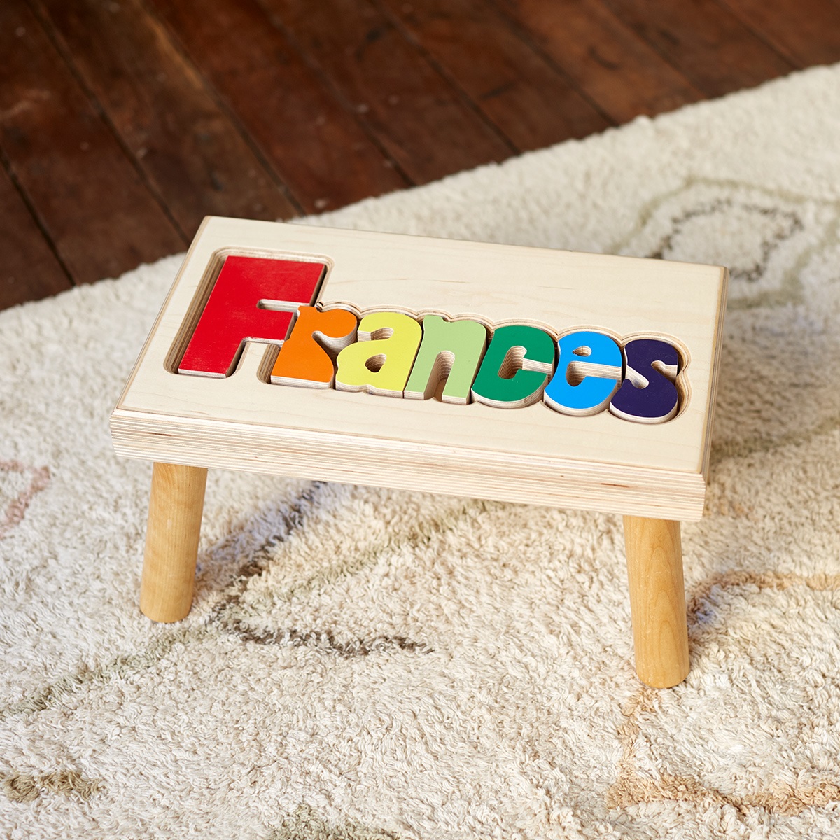 personalized step stool wooden name stool for children cute first birthday gift idea customized puzzle stool for sitting kids custom furniture colorful decor idea heirloom