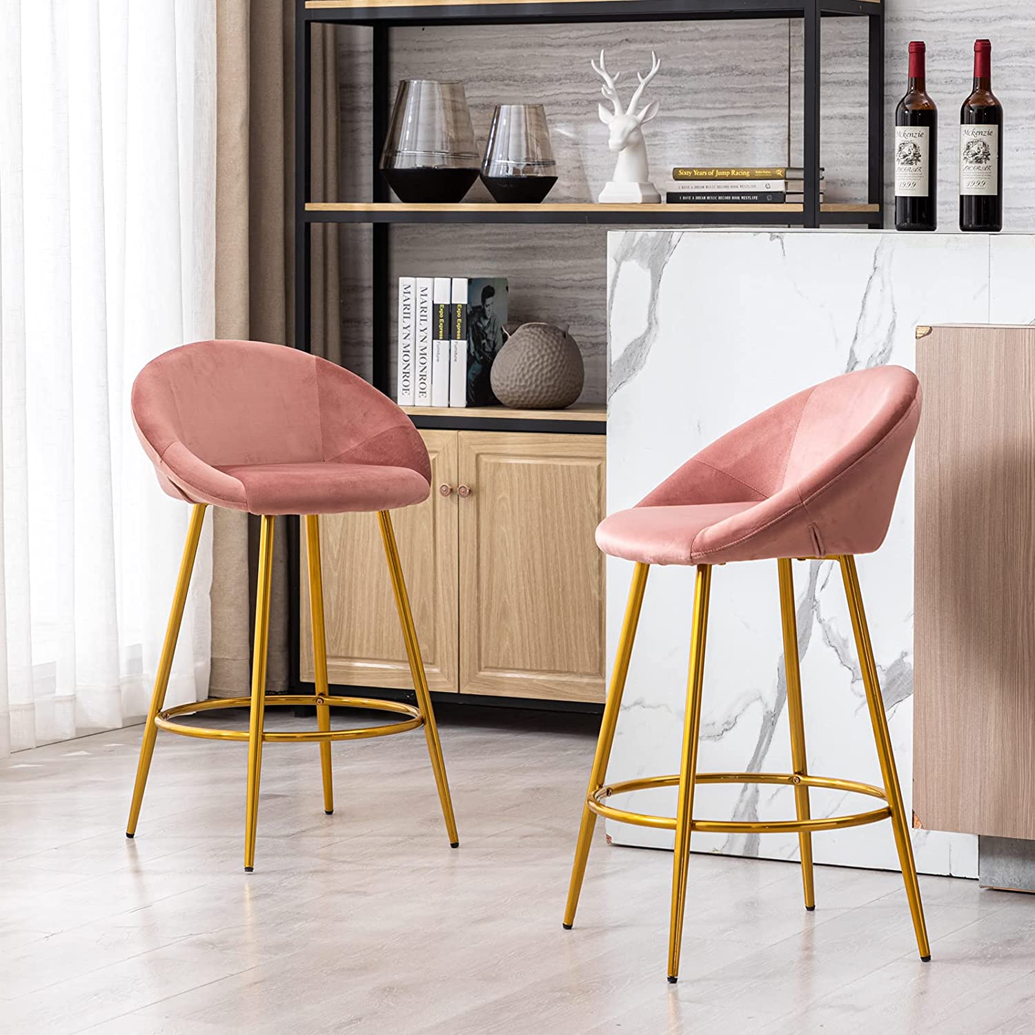 pretty upholstered kitchen bar stools with polished gold base and footrests curved low backrest cute dining furniture ideas for counter height seating barstools velvet