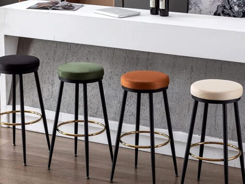 round backless bar stools upholstered velvet seats with black bases and gold footrests minimalist colorful seating ideas for eat in kitchen dining theme breakfast nook chair