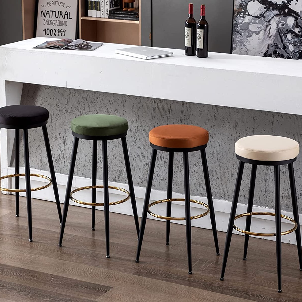 round backless bar stools upholstered velvet seats with black bases and gold footrests minimalist colorful seating ideas for eat in kitchen dining theme breakfast nook chair