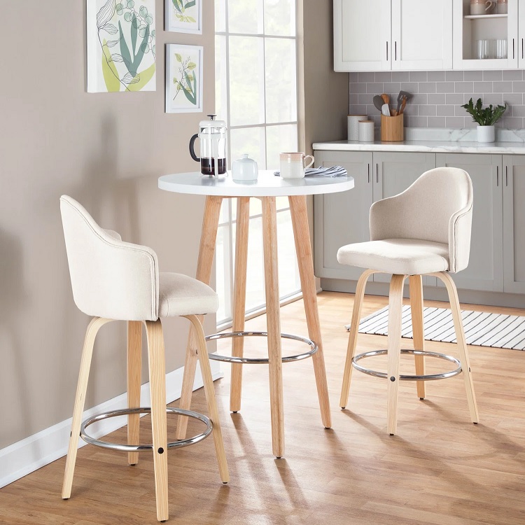 scandi round small kitchen table counter height dining furniture for breakfast nook decor inspiration bent plywood blonde finish white upholstered barstools with backrests