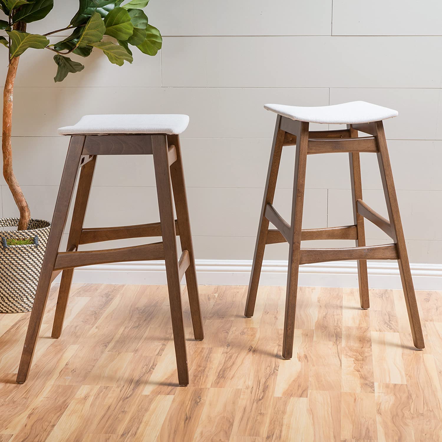simple wooden bar stool set with white upholstered seat footrest tapered legs mid century modern seating for eat in kitchen counter height table chairs for sale online on amazon