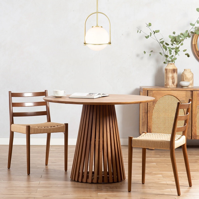 slatted round pedestal ktichen table made from solid acacia wood beautiful mid century modern furniture ideas weather resistant furniture for kitchens seating space dine in