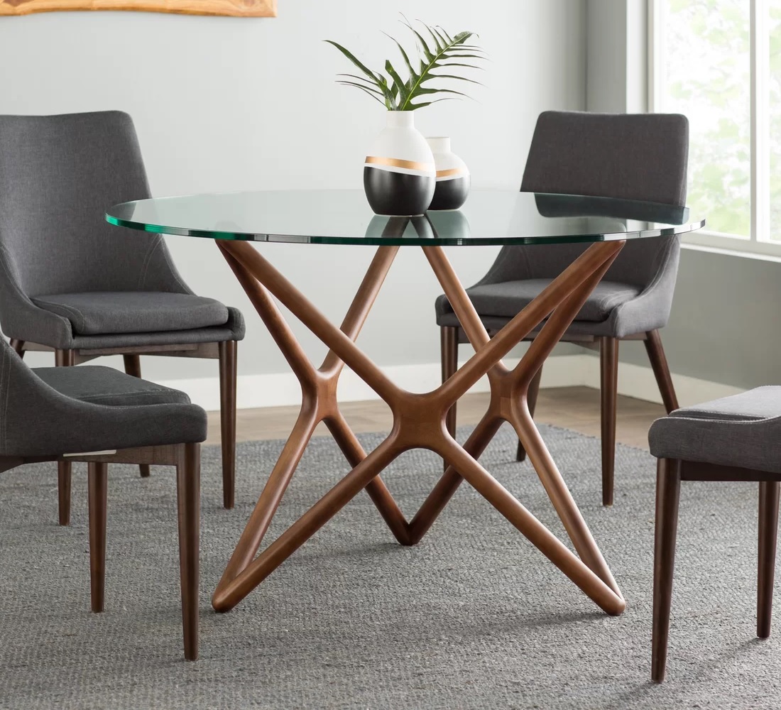 star shaped round kitchen table with 4 chairs beautiful carved artistic base mid century modern furniture table with circular glass tabletop contemporary decor theme retro
