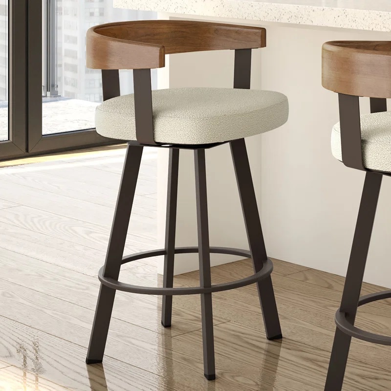 stylish wood and boucle upholstered bar stools with arms stylish black brown and cream seating idea for counter height kitchen dining area design inspiration boho chic