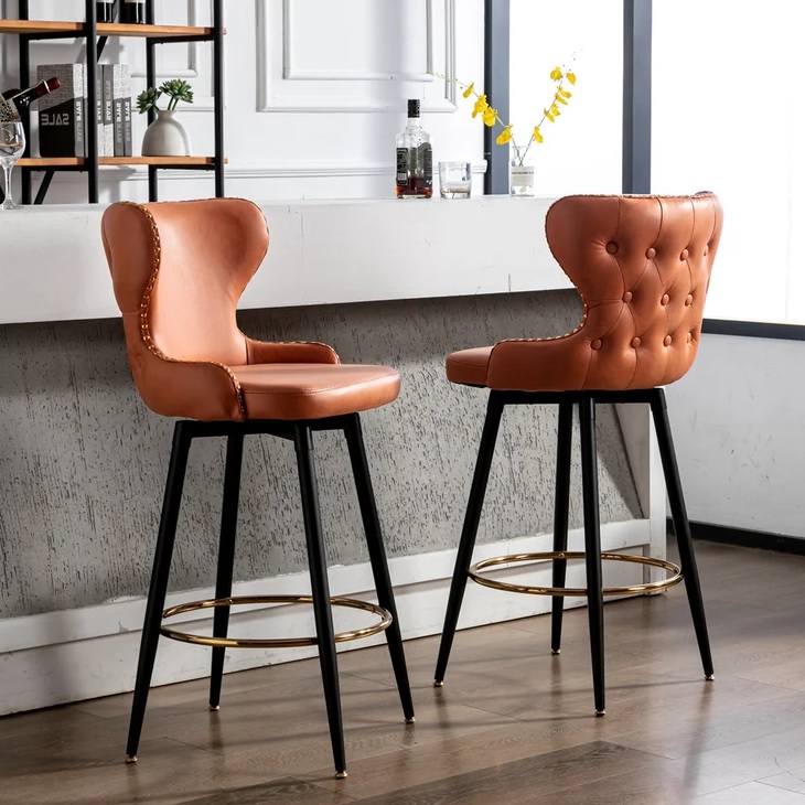 tufted upholstered bar stools with wingback tall backrest and tapered legs gold footrest mid century modern furniture ideas for breakfast nook eat in kitchen bar height