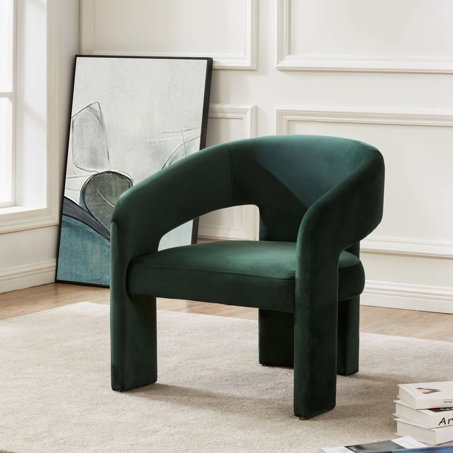 accent chair green velvet upholstery all over fabric from top to bottom upholstered tripod legs cutout sides postmodern living room furniture ideas high end designer furniture