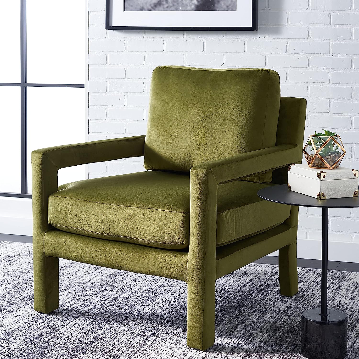 all over upholstered olive green velvet accent chair with padded armrests and removable cushions cutout sides creative living room furniture ideas for entryway comfortable seat