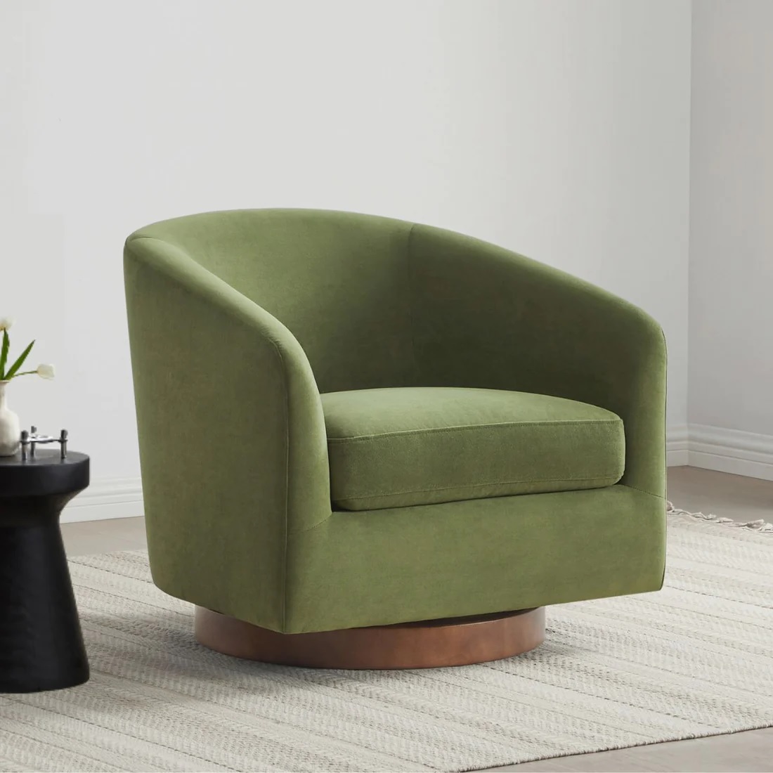 barrel back light olive green and wood accent chair with swivel base contemporary living room furniture for sale online high quality furniture available online from walmart