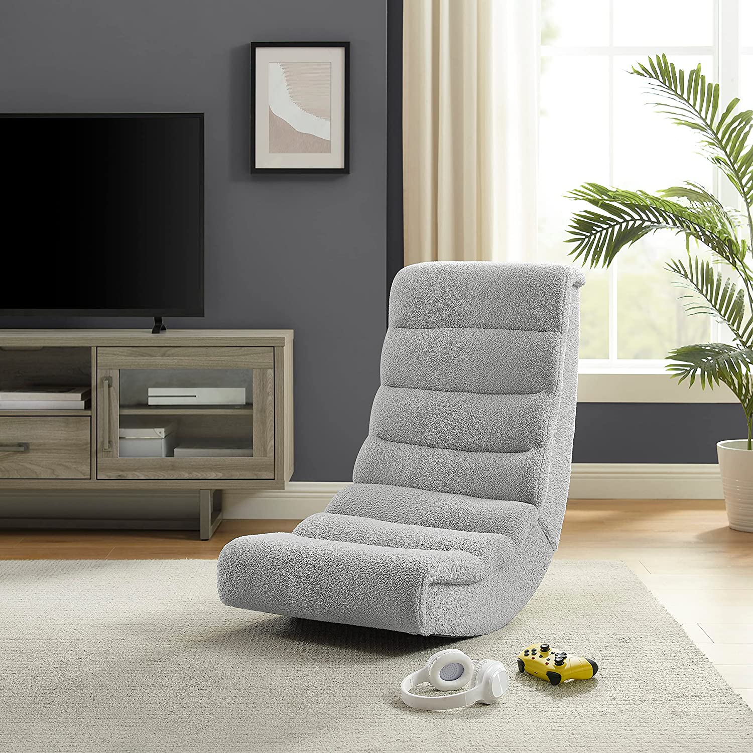 contemporary floor rocking chair for living room attractive gaming furniture for grownups channel tufted seat sherpa boucle upholstery grey fabric gamer chairs for sale online