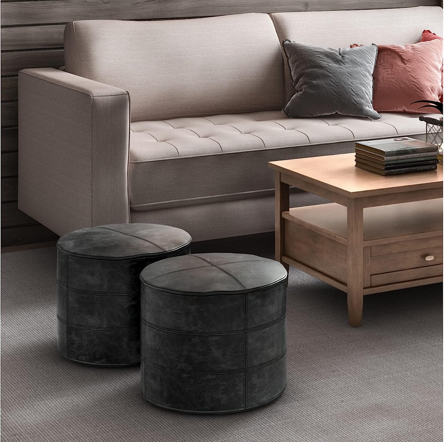 distressed black leather ottoman pouf with top stitched details creative furniture ideas for industrial living room decor theme inspiration polystyrene filling sturdy pouf table