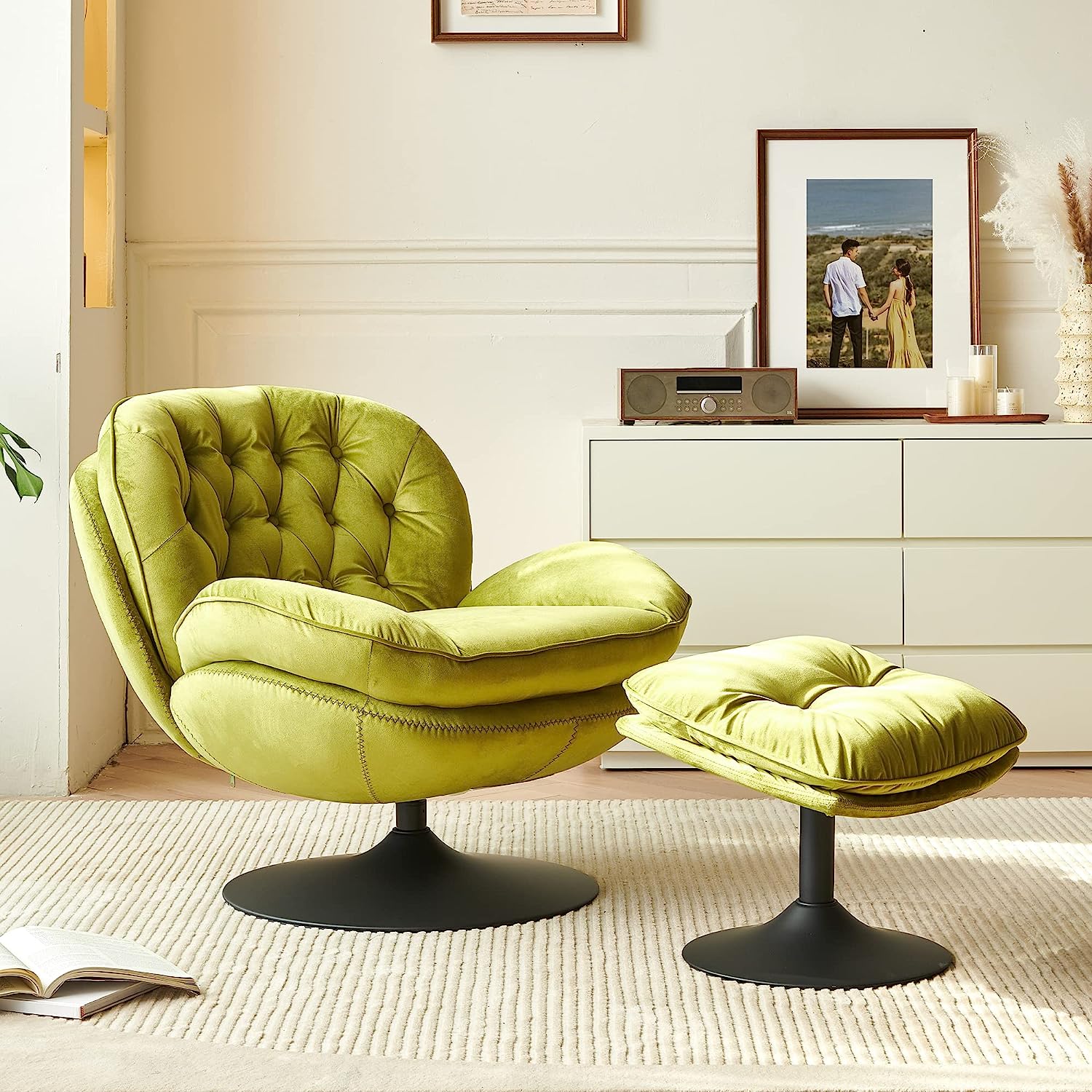 extra comfortable apple green accent chair with diamond tufting and pillowy cushioned seats cozy reading chair ideas for colorful home library inspiration