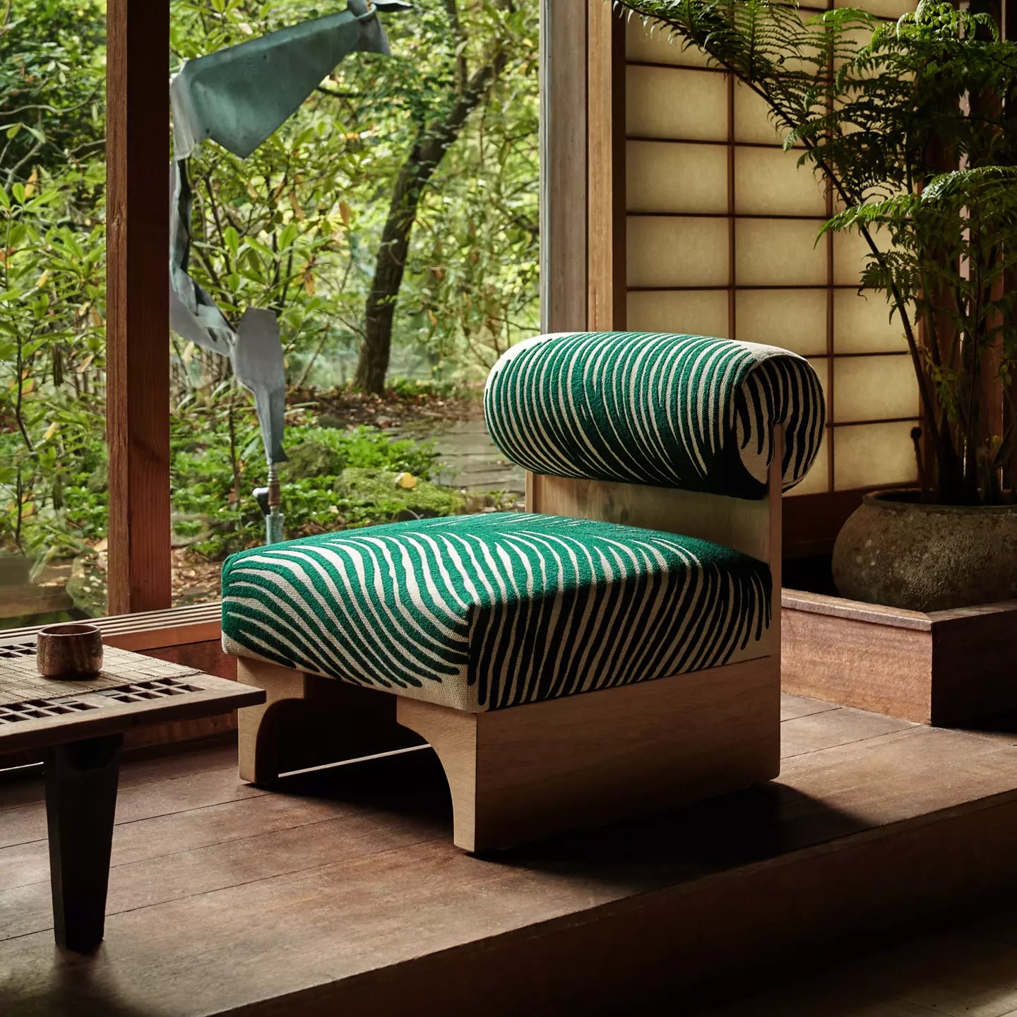 gorgeous green pattern accent chair with zebra print palm leaf stripes wooden pedestal base unique luxury living room furniture for sale online low profile lounger