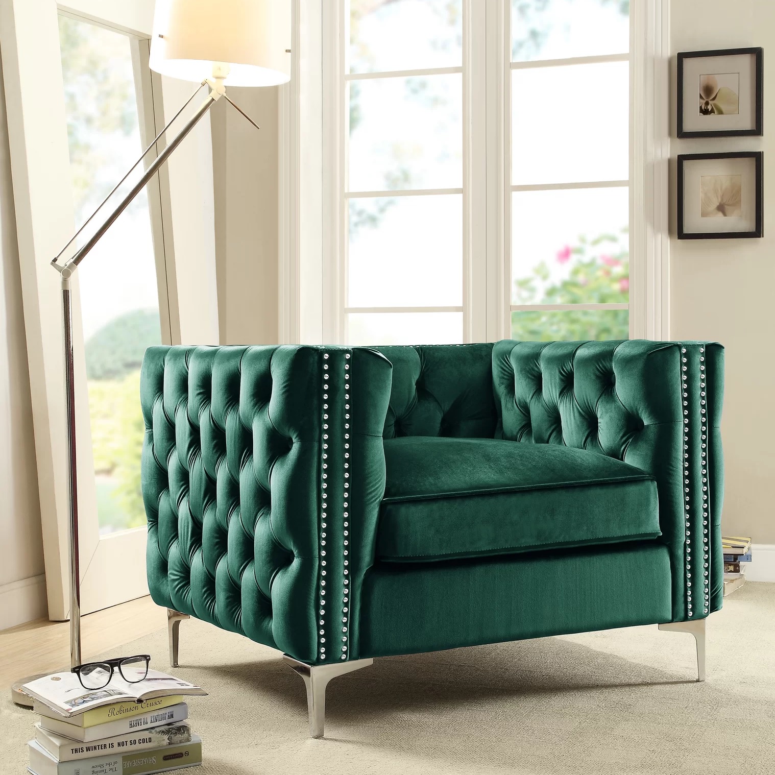 green tufted accent chair with silver nailhead trim and silvery bracket legs deep emerald velvet upholstery comfortable armchair tuxedo track arms glam living room furniture