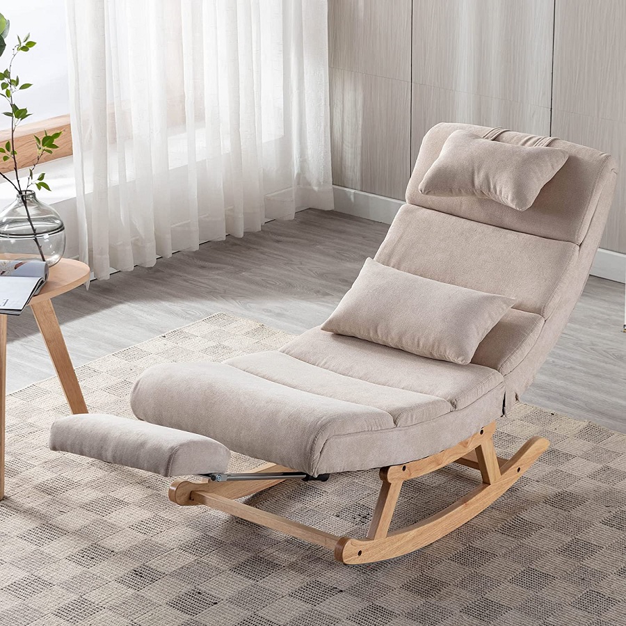 living room rocking floor chair with a designer look attractive low profile rockers and chaise lounge combination extending footrest recliner headrest and lumbar pillow included