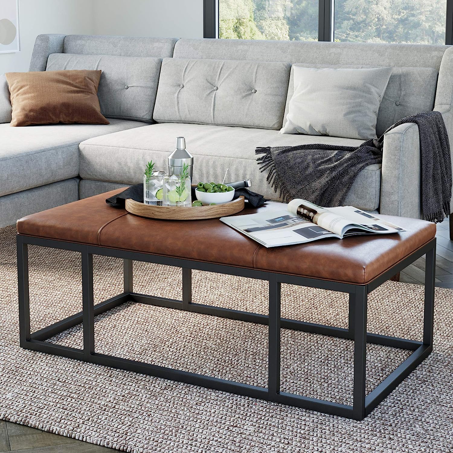 metal and leather ottoman coffee table modern industrial living room furniture for sale cheap on amazon upholstered cocktail tables for rustic modern farmhouse decor theme