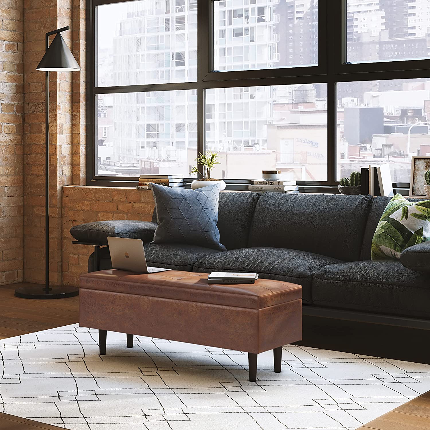 mid century modern leather storage ottoman with brown faux leather upholstery distressed finish tapered wooden legs spacious storage furniture for living room affordable