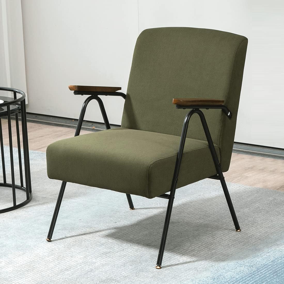 moss green accent chair with metal frame and wooden armrests retro industrial living room furniture for mid century modern decor theme inspiration corduroy velvet