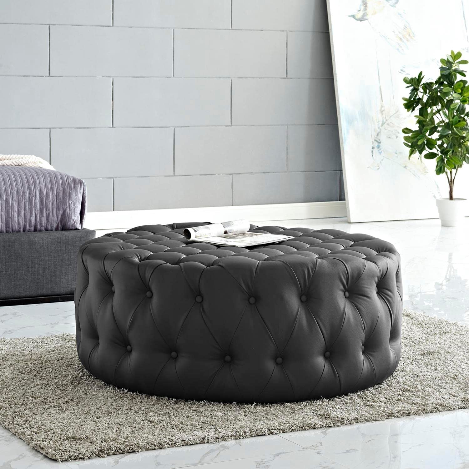 oversized tufted leather ottoman round button tufting luxurious living room cocktail ottoman multipurpose furniture inspiration for industrial decor theme glam deco ideas