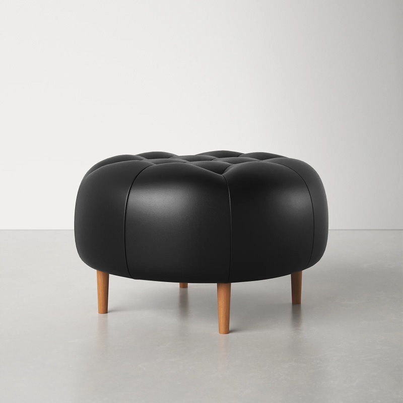 overstuffed leather tufted ottoman with glossy black leather upholstery high quality luxury ottomans for sale online comfortable butt tufted surface and tapered wood legs