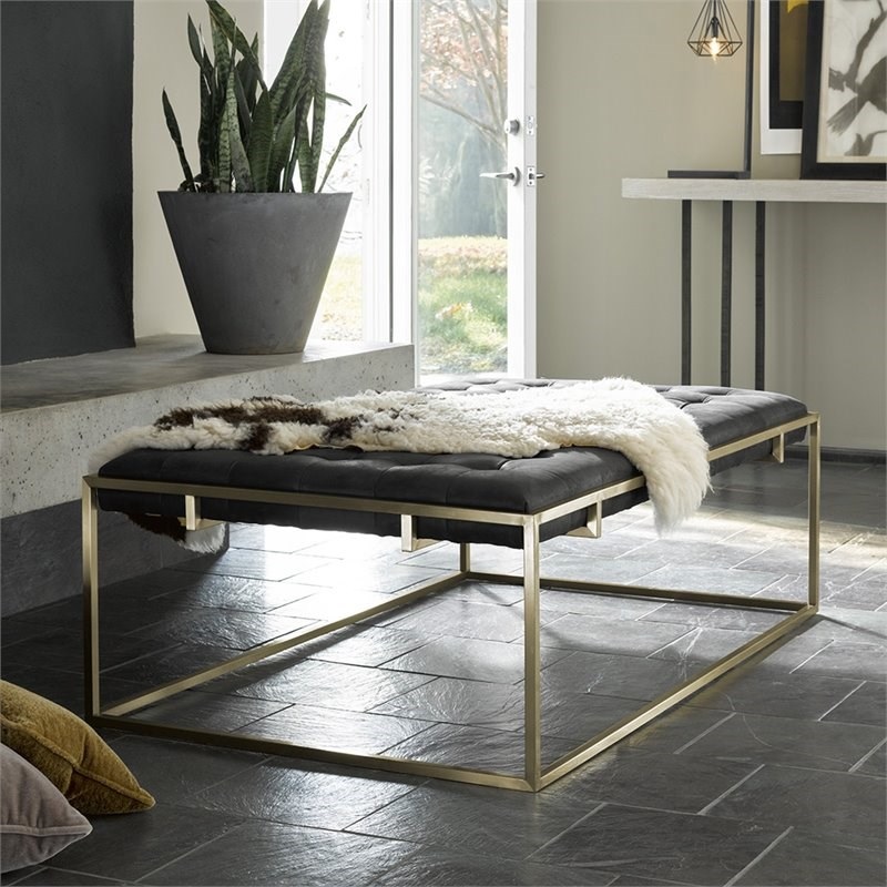 premium luxury leather coffee table ottoman made with genuine burnham leather black upholstery and golden metal base attractive cocktail ottomans for sale high end decor