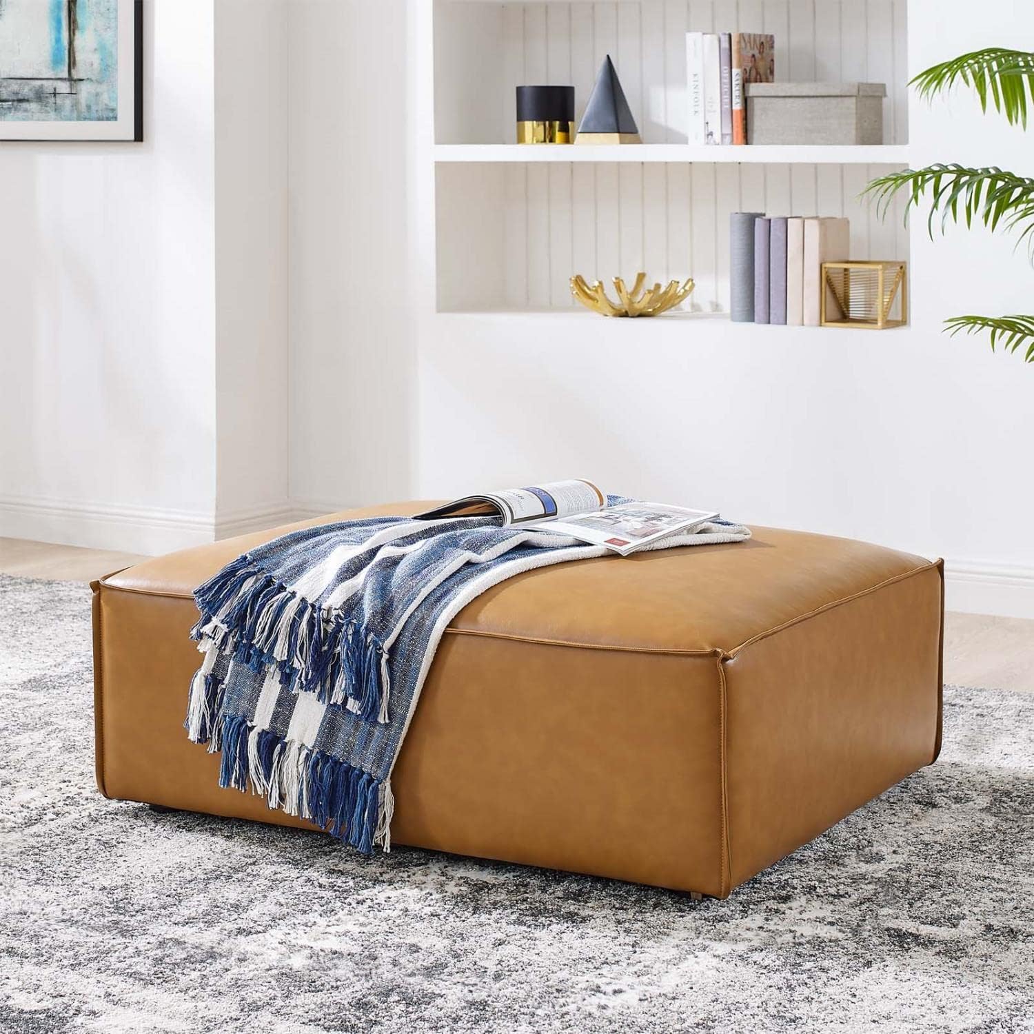 stylish modern leather rectangle ottoman with flanged edges vegan leather upholstery camel color low profile furniture comfortable padding cocktail ottomans for sale on amazon