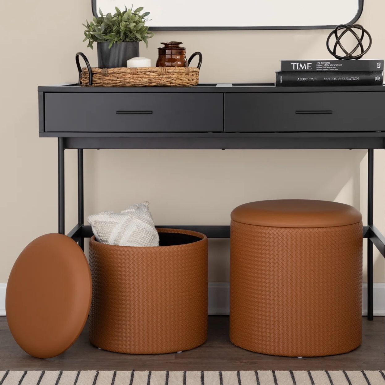 textured faux leather ottoman storage poufs for sale online medium cognac upholstery with lids open compartment within stylish rustic vanity chair ideas and inspiration