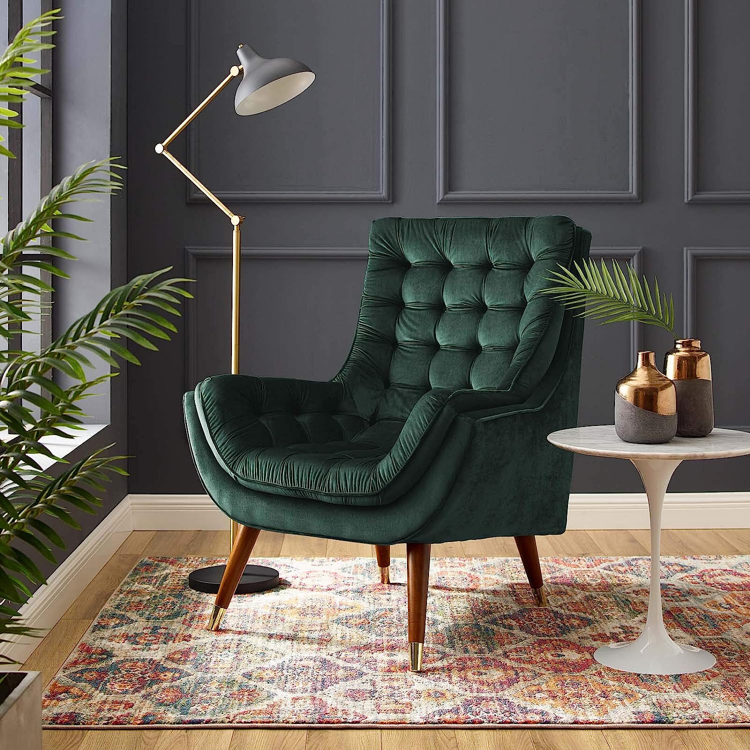 traditional hunter green accent chair with deep biscuit tufting and tapered wooden legs with brass caps comfortable reading chairs for sale online high quality amazon furniture