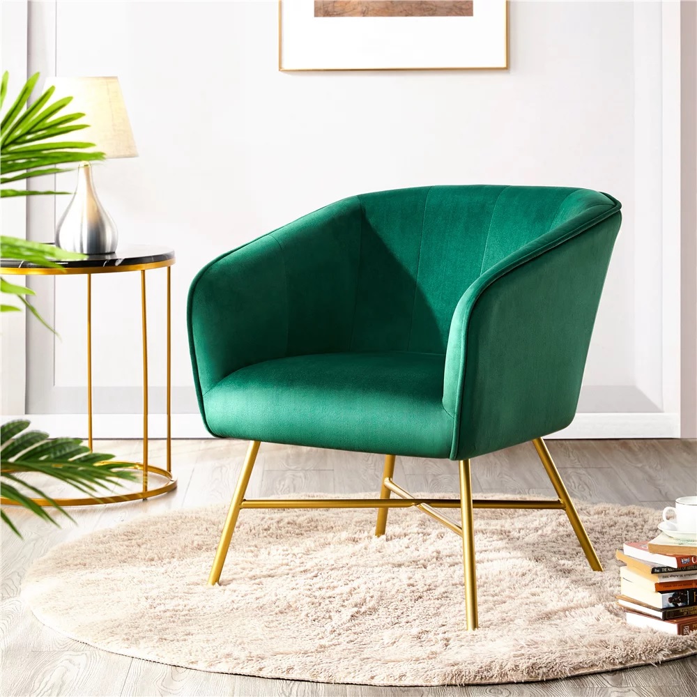 vibrant gold and green velvet accent chair with cross braced golden base and kelly green upholstery beautiful cheap chairs for living room bedroom home office furniture walmart