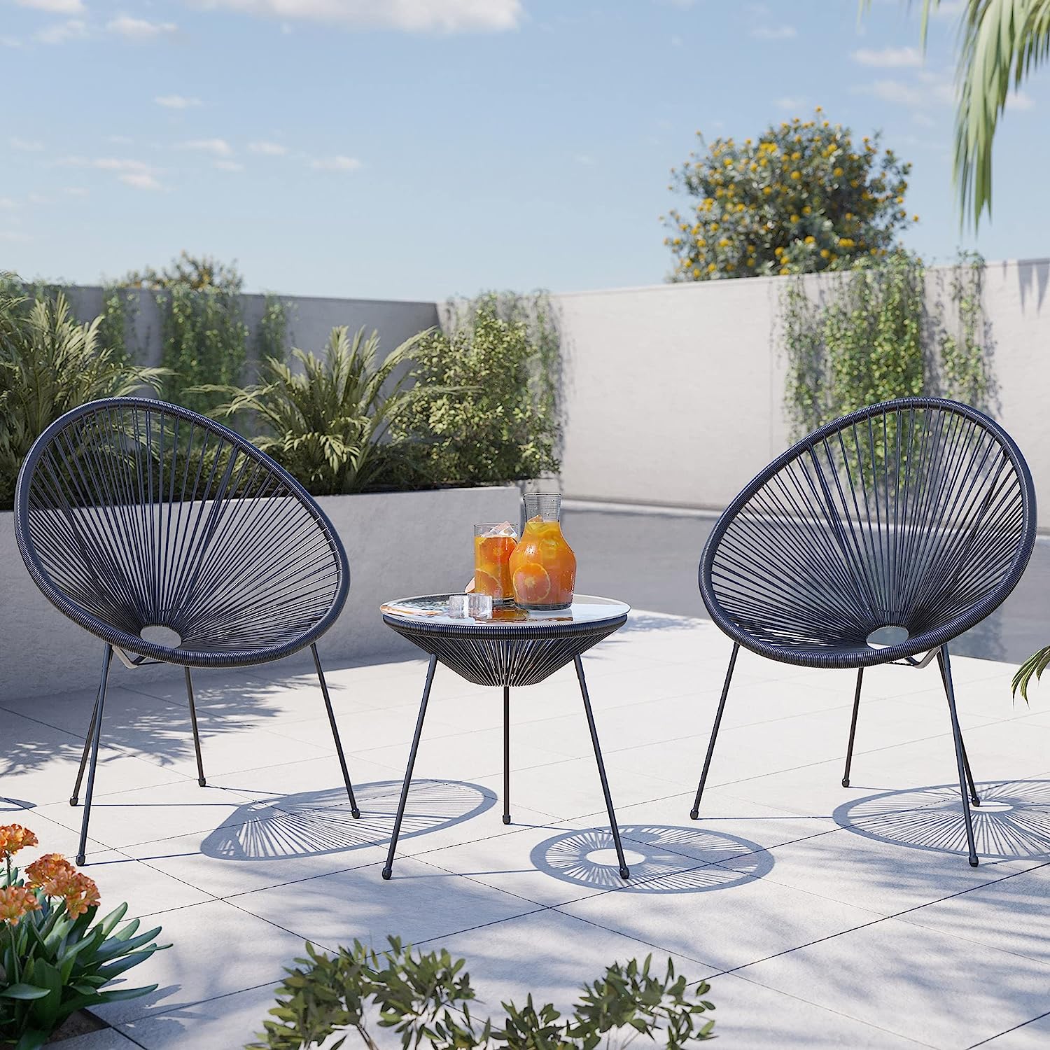 acapulco chairs outdoor furniture for small patio pair of seats with wicker rope and slender metal includes small round coffee table with glass tabletop balcony furniture