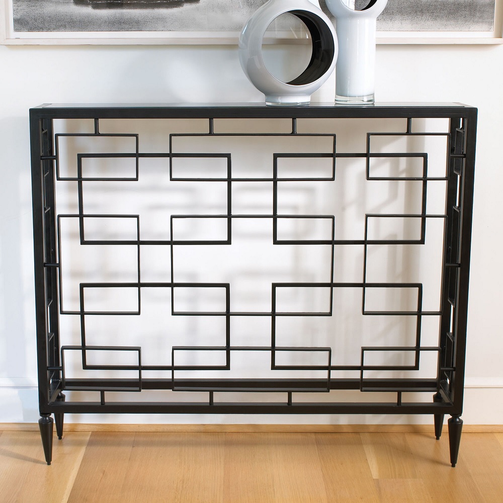 art deco black iron console table with geometric wrought iron framing genuine granite top heirloom quality console tables for sale online unique table ideas for the hallway