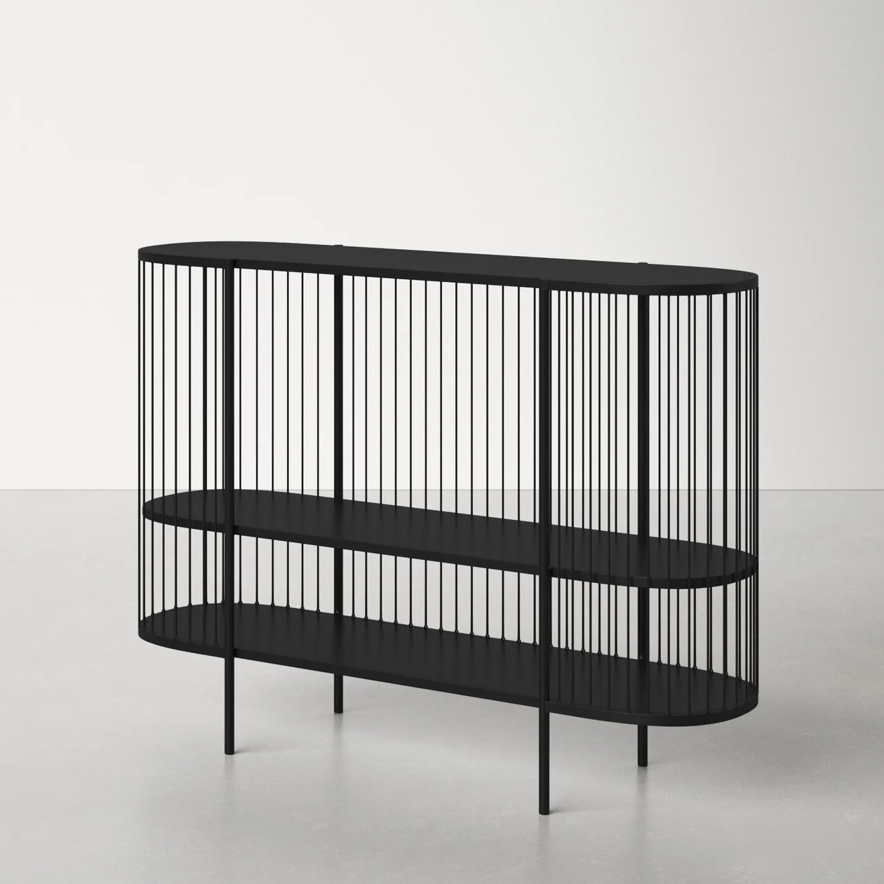 birdcage style modern black console table with oval shelves three tier consoles for sale online minimalist contemporary furniture for industrial living room decor theme ideas