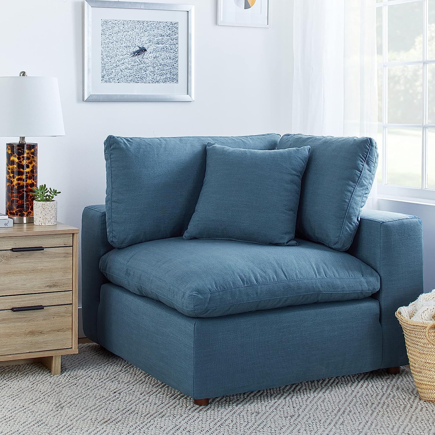 blue comfy corner chair with dense foam cushions and soft cotton overstuffed cushioning cozy lounge spot for reading nook creative seating ideas for living room bedroom