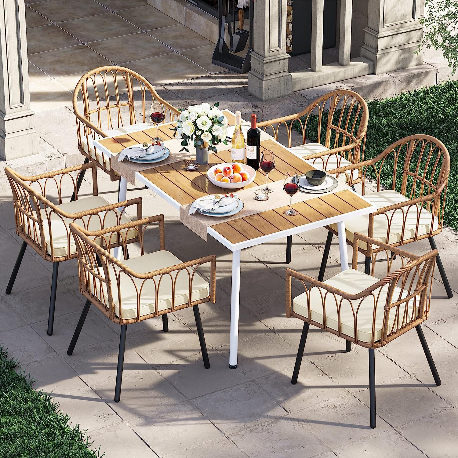 bohemian chic dining outdoor patio furniture set made from faux wicker rattan cute cottage chic dining table and chairs set for deck garden seating space for entertaining