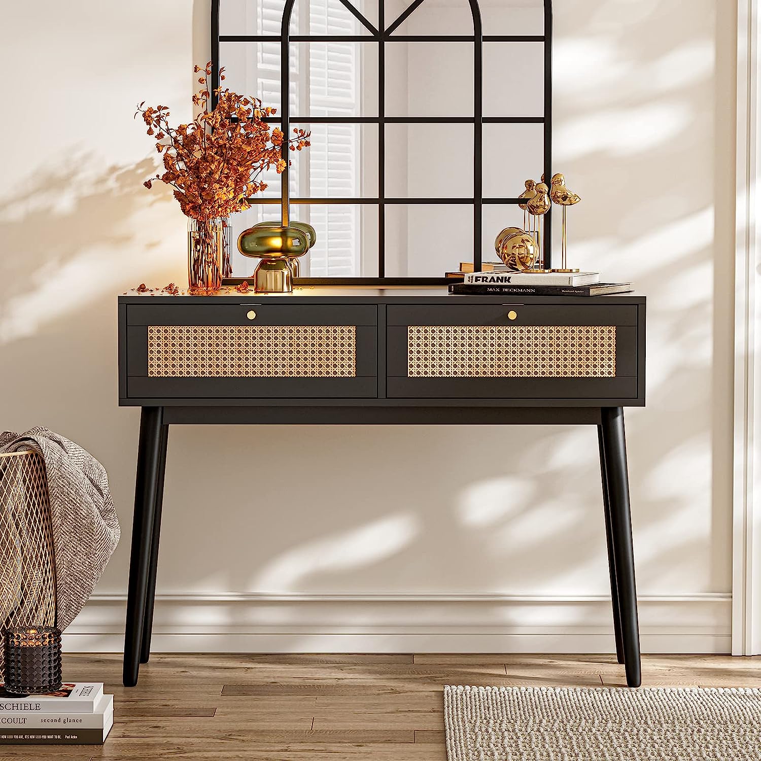 Black rattan console deals table