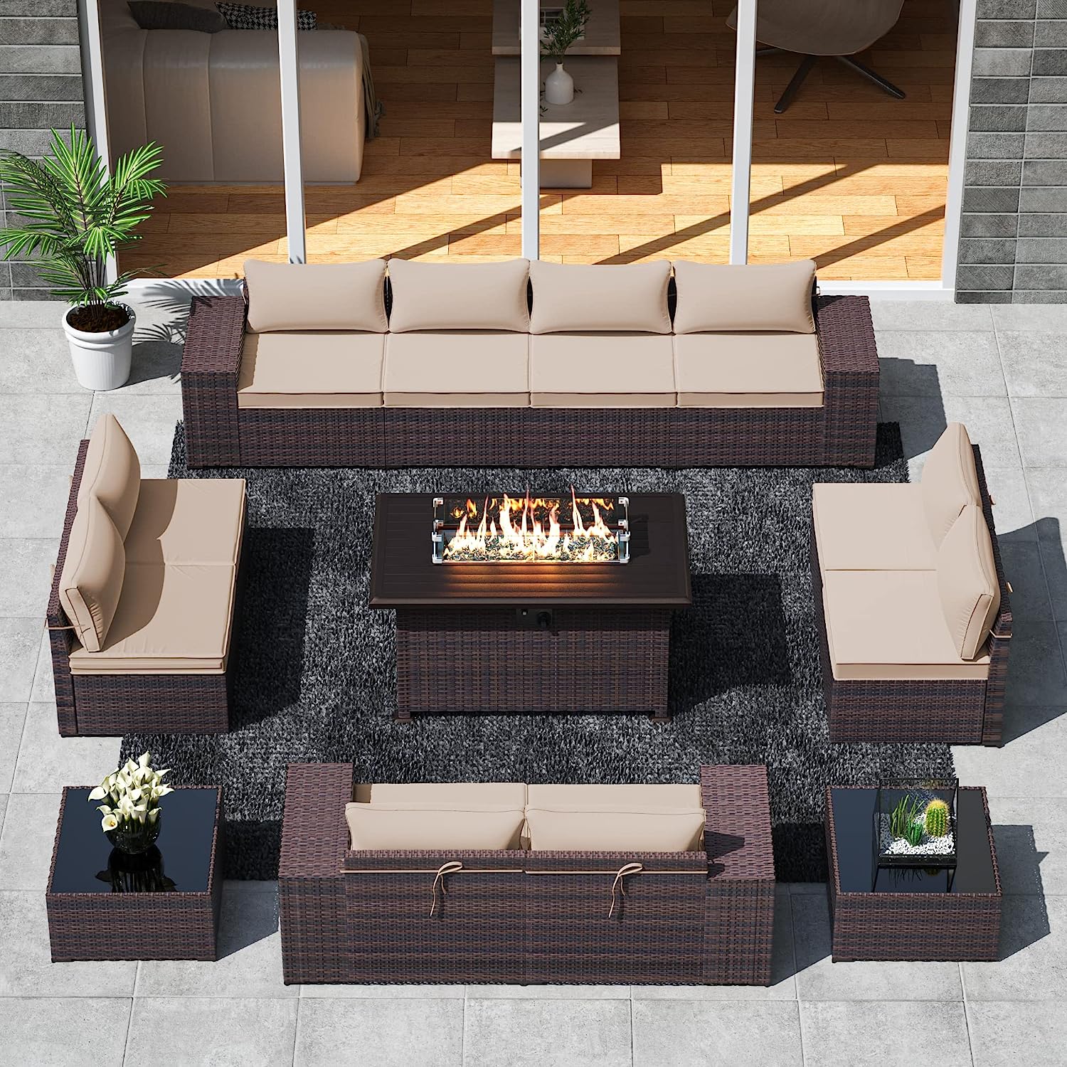 brown outdoor patio furniture with fire pit set propane powered firepit table 10 seater sectional sofa design for pool resort spa decor inspiration outdoor living room set