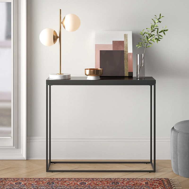 cheap minimalist narrow console table black metal base with thick glossy tabletop streamlined hallway furniture for small spaces tiny entryway tables online