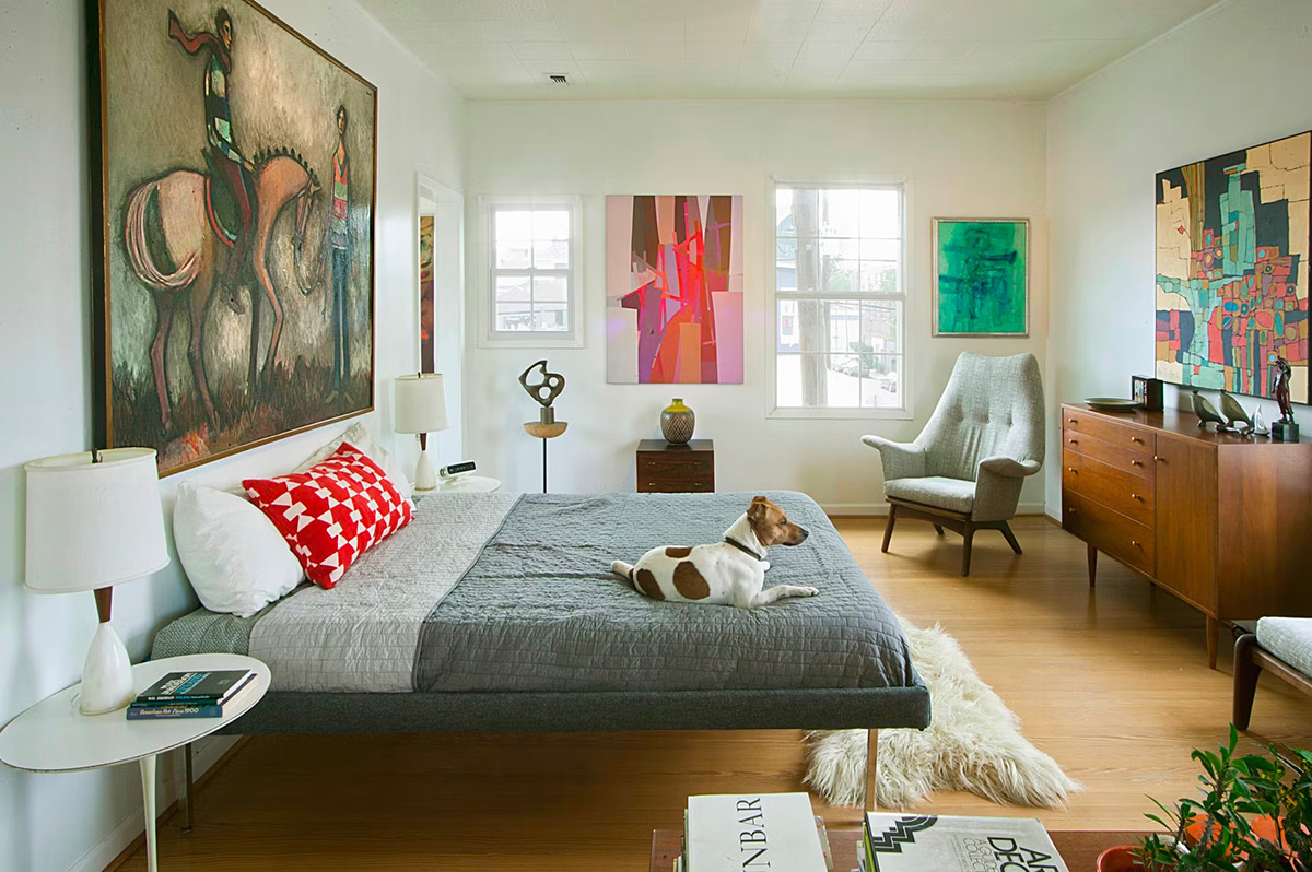 colorful mid century modern bedroom