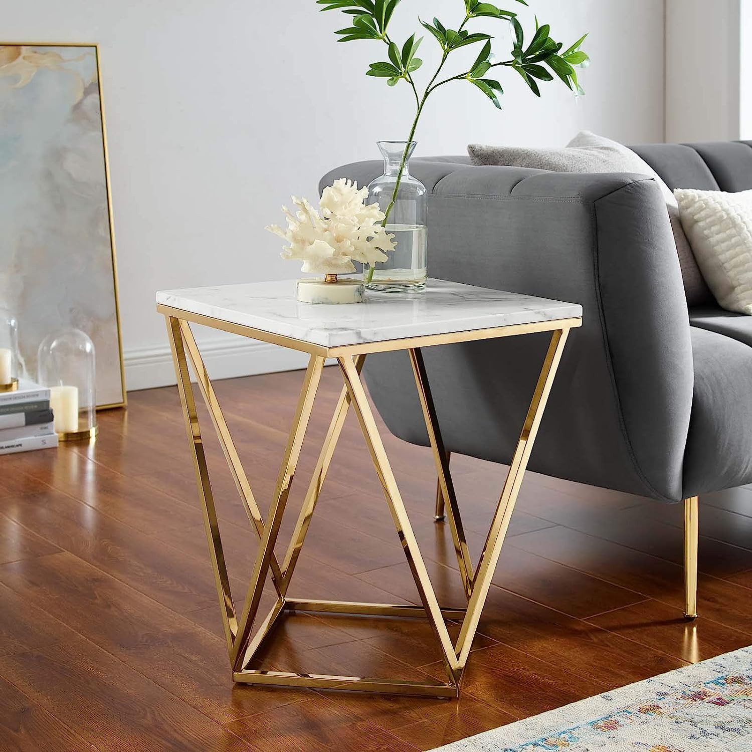 contemporary geometric square end tables for living room with polished gold triangle base and faux marble tabletop glam furniture for sale online affordable unique accent table