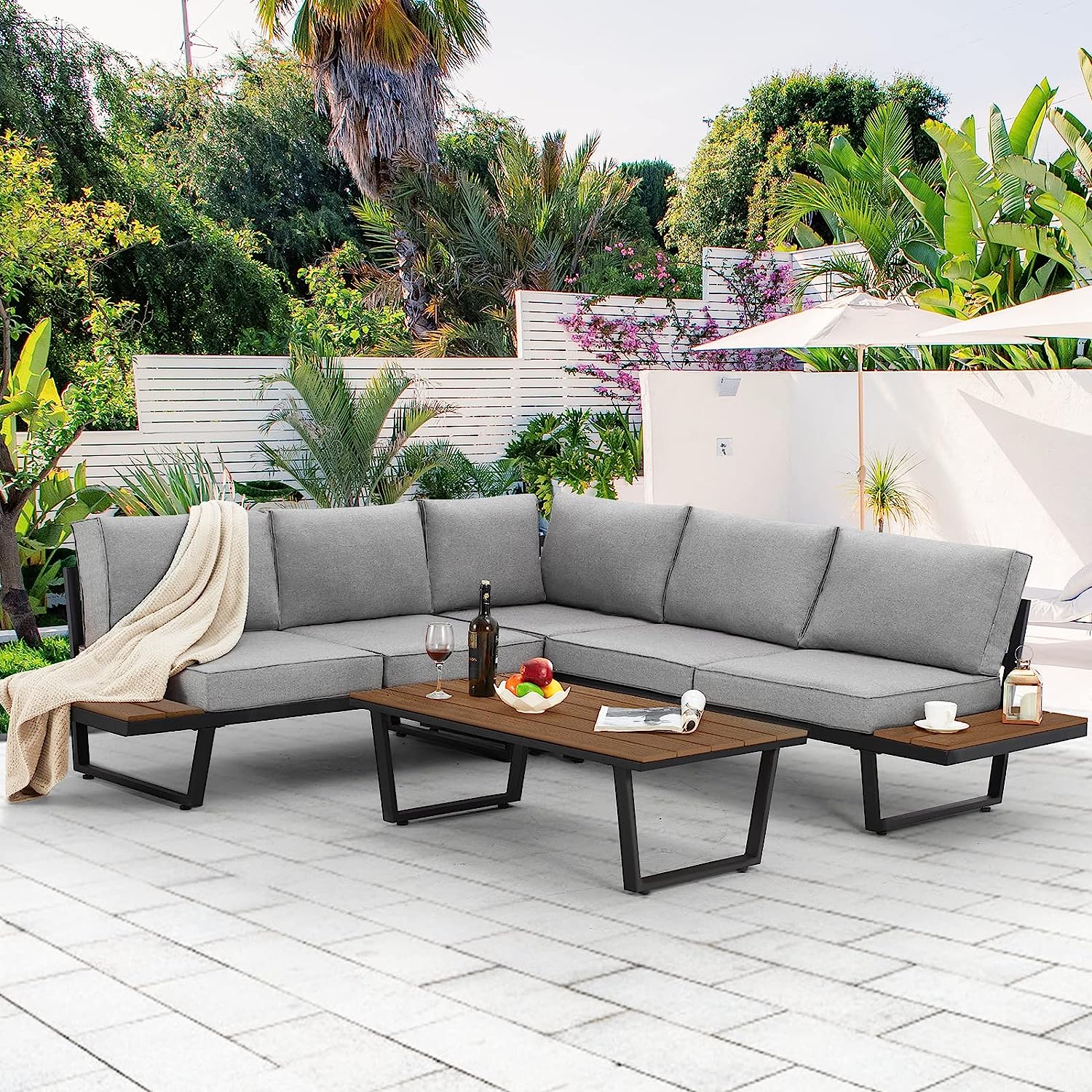 contemporary outdoor sectional patio furniture sofa with built in side tables and grey cushions with coffee table included modern seating ideas for patios designer