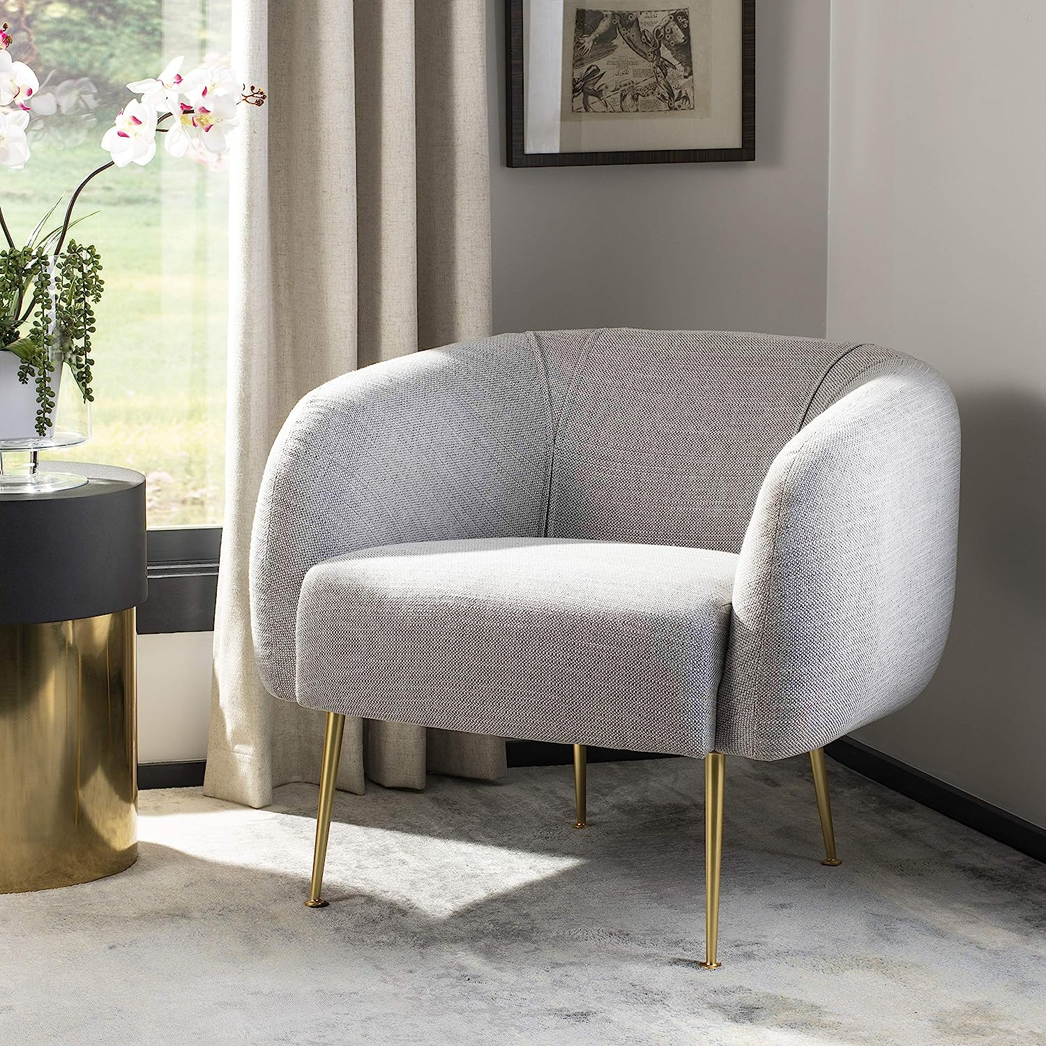 curvaceous glam comfy chair for bedroom with barrel backrest and tapered gold legs small space comfortable furniture for home office living room library seating inspiration grey