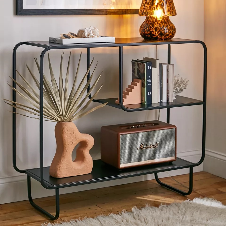 cute modern black storage console table with shelves and rounded corners stylish trendy furniture that you can buy at urban outfitters dorm room display shelves for bedroom