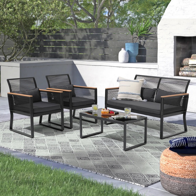 dark black outdoor metal patio furniture set for modern decor themes black wicker rope supportive backrests wooden armrest details grey cushion coffee table included