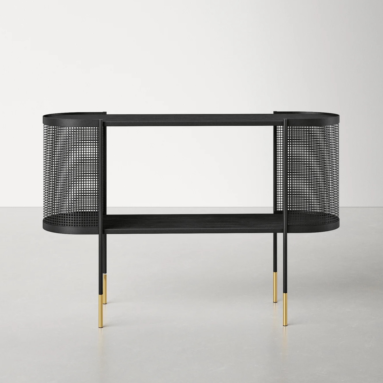 elegant black console table with shelf and mesh metal sides glamorous industrial living room furniture for sale online creative storage tables for living room bedroom