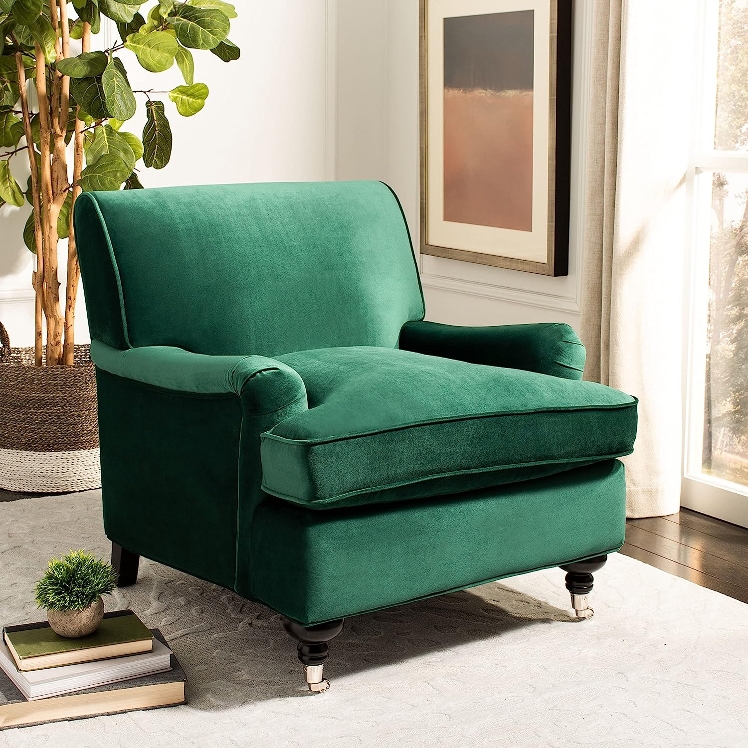 emerald green velvet comfy chair for living room low arms deep seat low backrest weighty high quality reading chair with casters premium furniture brands on amazon classic traditional