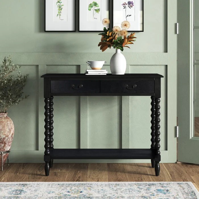 farmhouse style black console table for living room open lower shelf turned legs storage drawers how to decorate an empty living room wall tall narrow tables for behind the sofa