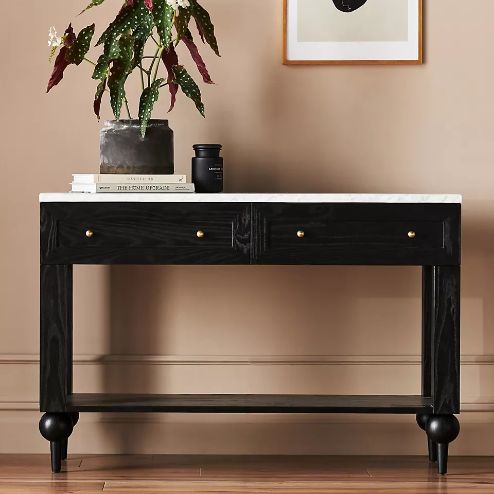 genuine marble black entryway console table with Carrara tabletop beautiful stone surface black wooden body open lower shelf and two storage drawers entryway dining room