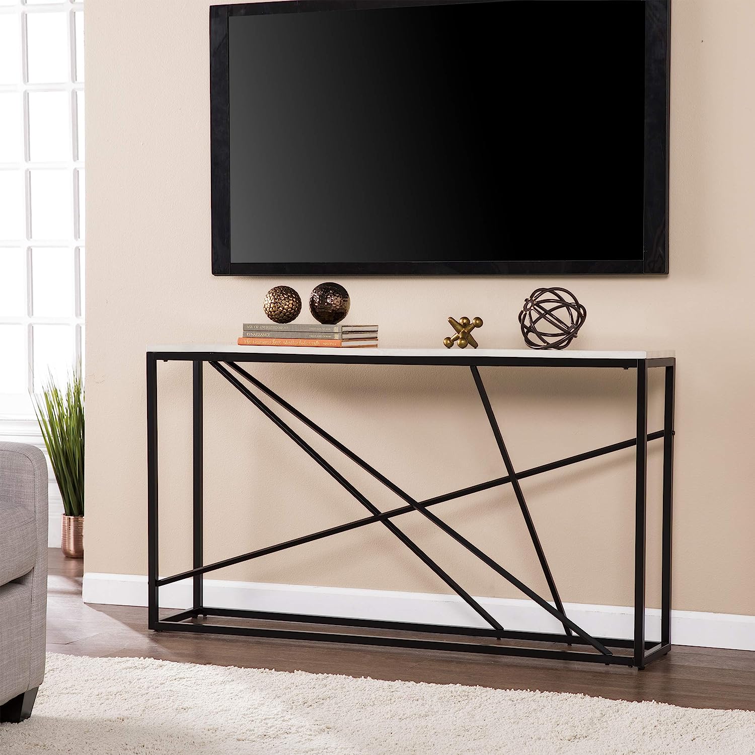 geometric contemporary black TV console table with criss cross metal base and white faux marble tabletop slender footprint modern living room furniture for sale cheap online