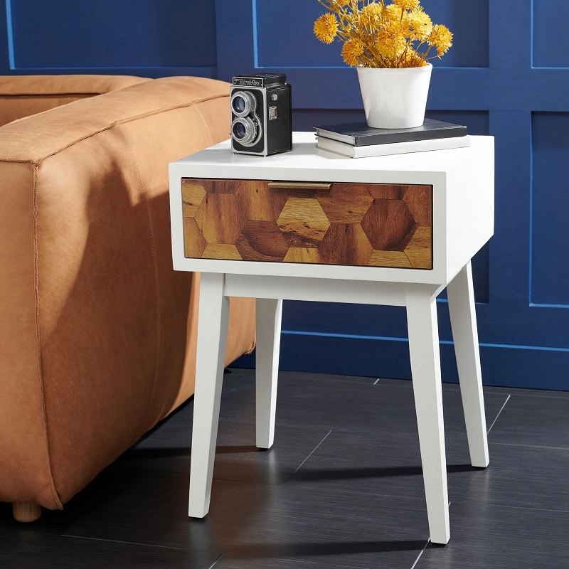 geometric end tables living room white cabinet exterior with tapered legs and rustic wooden hexagon drawer face unique furniture ideas for coastal contemporary rustic decor