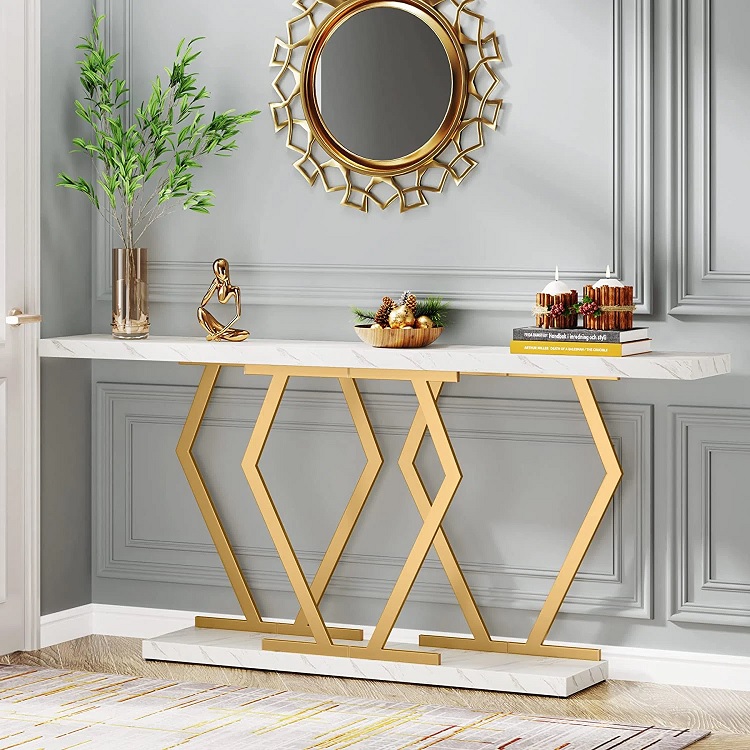 geometric gold and white living room console table with artistic sculptural base and faux marble tabletop beautiful focal point ideas for glamorous interior decor theme ideas